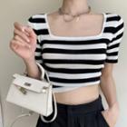 Square-neck Striped Cropped T-shirt