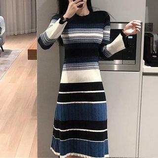 Striped Long-sleeve Knit Midi A-line Dress