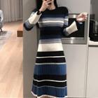 Striped Long-sleeve Knit Midi A-line Dress
