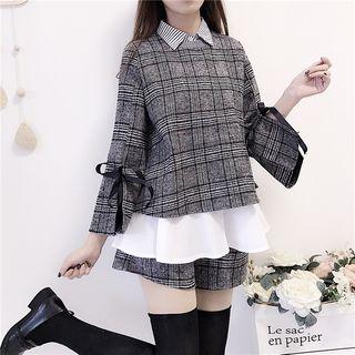 Set : Sleeveless Peplum Top + Long-sleeve Top + Wide-leg Shorts