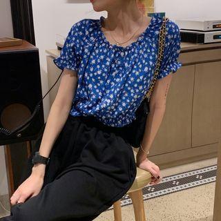 Frill-hem Floral Print Short-sleeve Blouse