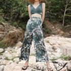 Swim Set: Halter Top + Bottom + Floral Cover-up Pants
