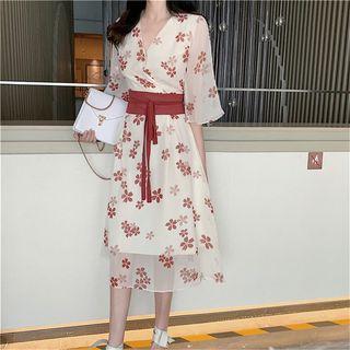 Flower Print V-neck Wrap Lace Up Chiffon Dress As Shown In Figure - One Size