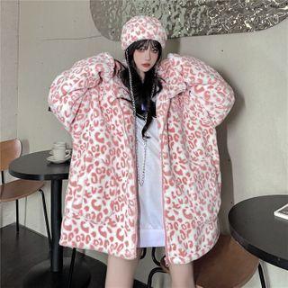 Set: Leopard Print Zipped Jacket + Beanie Pink - One Size