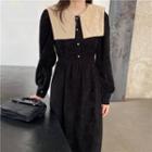 Puff-sleeve Two-tone Corduroy Dress Black - One Size