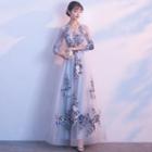 Floral Long-sleeve A-line Evening Gown