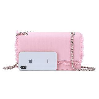 Fray Hem Chain Strap Denim Crossbody Bag