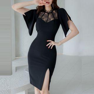 Short-sleeve Lace Panel Slit Sheath Dress