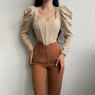 Long-sleeve Scoop-neck Corset Top
