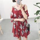 Floral V-neck Off-shoulder Chiffon Elbow Sleeve Dress