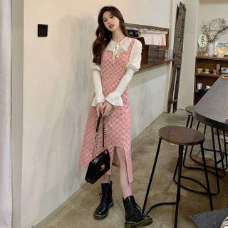 Puff-sleeve Blouse / Check Midi A-line Overall Dress