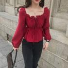 Plain Ruched Loose-fit Off-shoulder Long-sleeve Blouse Red - One Size