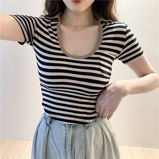 Short-sleeve Pocket-detail Striped T-shirt