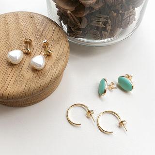 Faux-pearl / Oval / Hoop Earring Set (6 Pcs) Mint Green - One Size