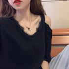 Lace Trim Cold Shoulder Elbow-sleeve T-shirt Black - One Size