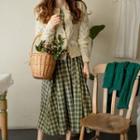 Puff-sleeve Plaid Dress With Sash Green - One Size