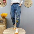 Mouse Embroidered Tapered Cropped Jeans
