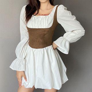 Long-sleeve Two-tone Ruched Mini A-line Dress