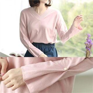 Faux-pearl Bell-sleeve V-neck Knit Top