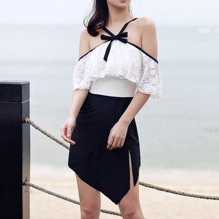 Lace Panel Halter Swim Dress