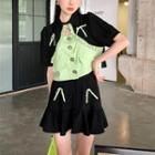 Set: Short-sleeve Lace Trim Top + Mini Skirt