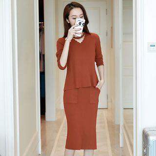 Set: Long-sleeve Knit Dress + Midi Skirt