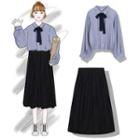 Long-sleeve Ribbon Shirt / A-line Midi Skirt