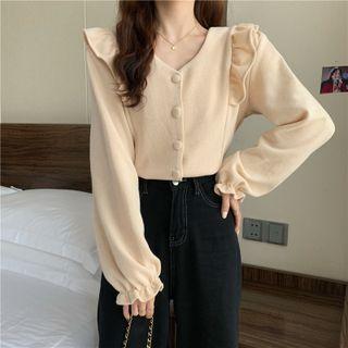 V-neck Plain Wood Ear Trim Long-sleeve Top