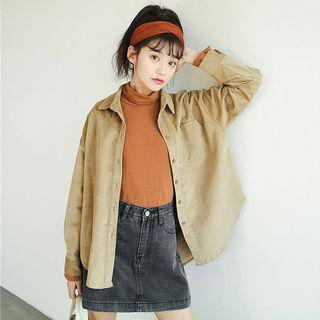 Set: High Neck Sleeveless Top + Corduroy Long-sleeve Shirt