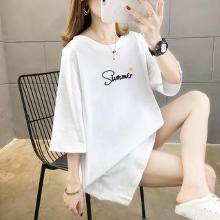 Short-sleeve Letter Embroidered Sun Print Tunic T-shirt