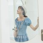 Set: Denim Puff-sleeve Button Mini A-line Dress + Crossbody Pouch