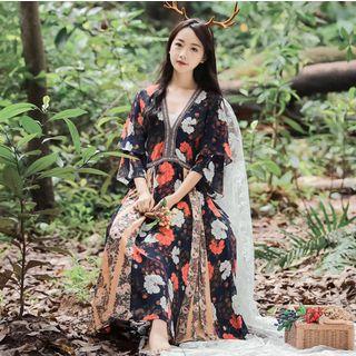 Long-sleeve Patterned V-neck A-line Maxi Dress
