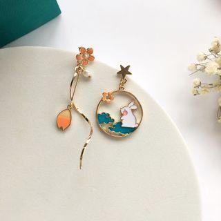 Non-matching Alloy Rabbit & Petal Dangle Earring