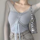 Set: Mesh Drawstring Long-sleeve Top + Camisole Top