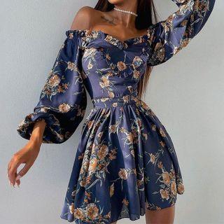 Floral Print Lantern-sleeve Off-shoulder A-line Dress