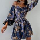 Floral Print Lantern-sleeve Off-shoulder A-line Dress