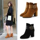 Genuine-leather Buckled Chunky Heel Ankle Boots