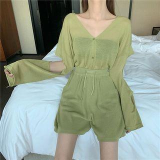 Set: Cutout V-neck Knit Top + Drawstring-waist Shorts