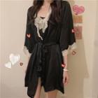 Elbow-sleeve Lace Trim Cardigan / Lace Panel Overall Dress