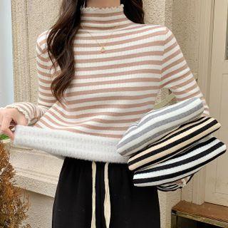 Mock-neck Fleece-lining Striped T-shirt