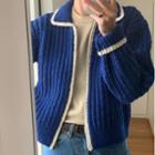 Color-block Collared Long-sleeve Zip Jacket Blue - One Size