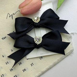 Set Of 2: Ribbon Rhinestone Hair Clip 1 Pair - Black - One Size