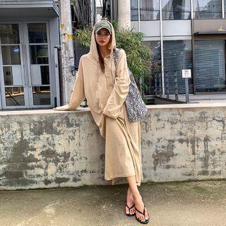 Henley-neck Slit-side Maxi Hoodie Dress