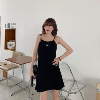 Spaghetti-strap Butterfly Embroidered Knit Dress