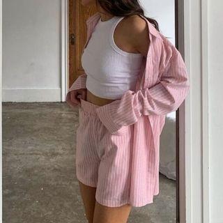 Set: Striped Long-sleeve Shirt + Striped Shorts