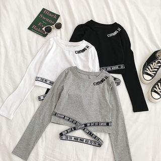 Embroidered Lettering Long-sleeve Crop Top