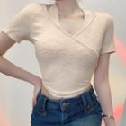 Short Sleeve Mock Two Piece Halter-neck Ribbed-knit Crop Top