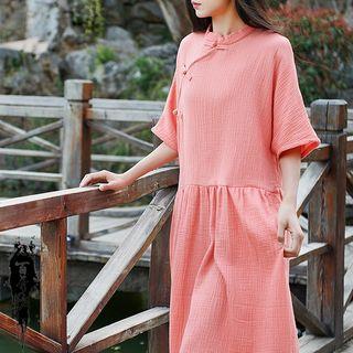 Short-sleeve Chinese Knot Button A-line Midi Dress
