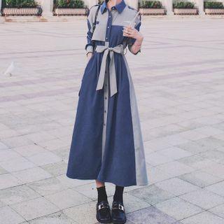 Long Sleeve Color Block Velvet A-line Shirtdress