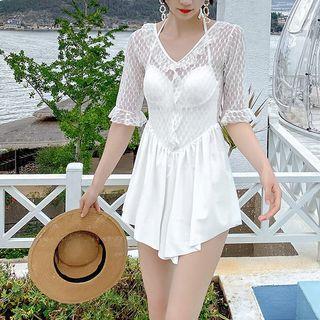 Elbow-sleeve Lace Panel Ruffled Swimdress